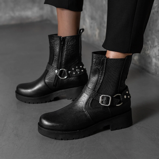 Bota de Caña Media de Cuero Negro para Mujer®