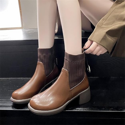 Botas cortas de cuero suave con tejido elástico para mujer