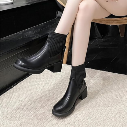 Botas cortas de cuero suave con tejido elástico para mujer