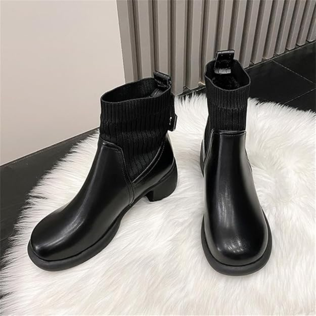 Botas cortas de cuero suave con tejido elástico para mujer