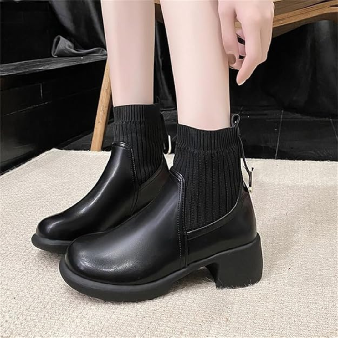 Botas cortas de cuero suave con tejido elástico para mujer