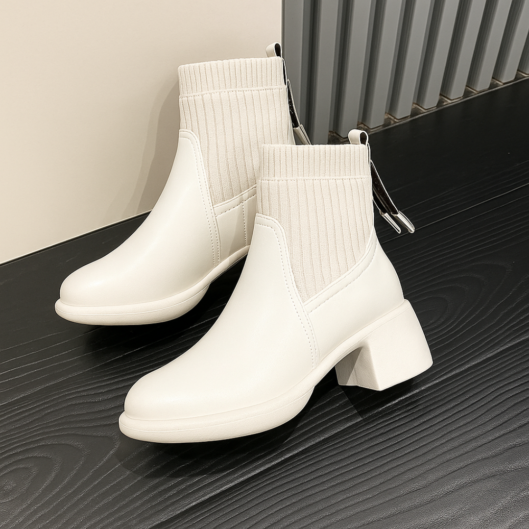 Botas cortas de cuero suave con tejido elástico para mujer